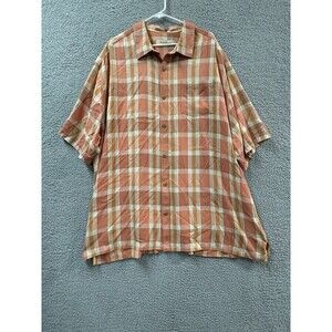 Tommy Bahamas Shirt Mens 2XL Orange Plaid Button Down Short Sleeve Silk